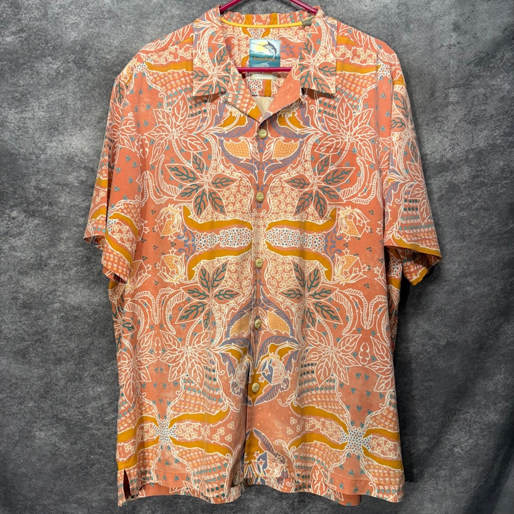Tommy Bahama Batik Floral 100% Silk Hawaiian Shirt Size XL Coral Tiki Polynesian